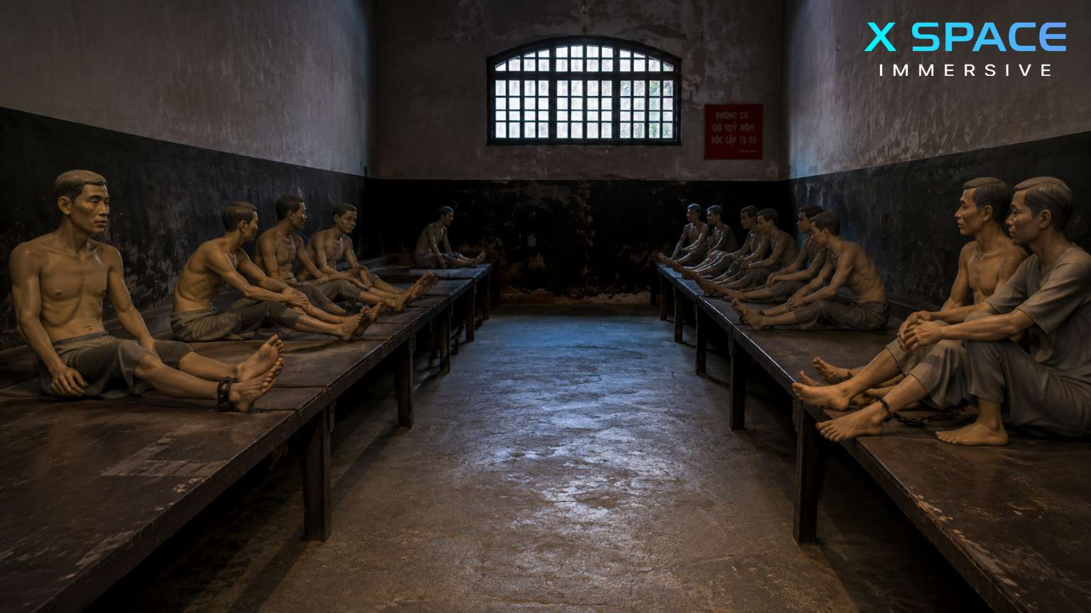 Historic prison cells inside Hoa Lo Prison Museum in Hanoi