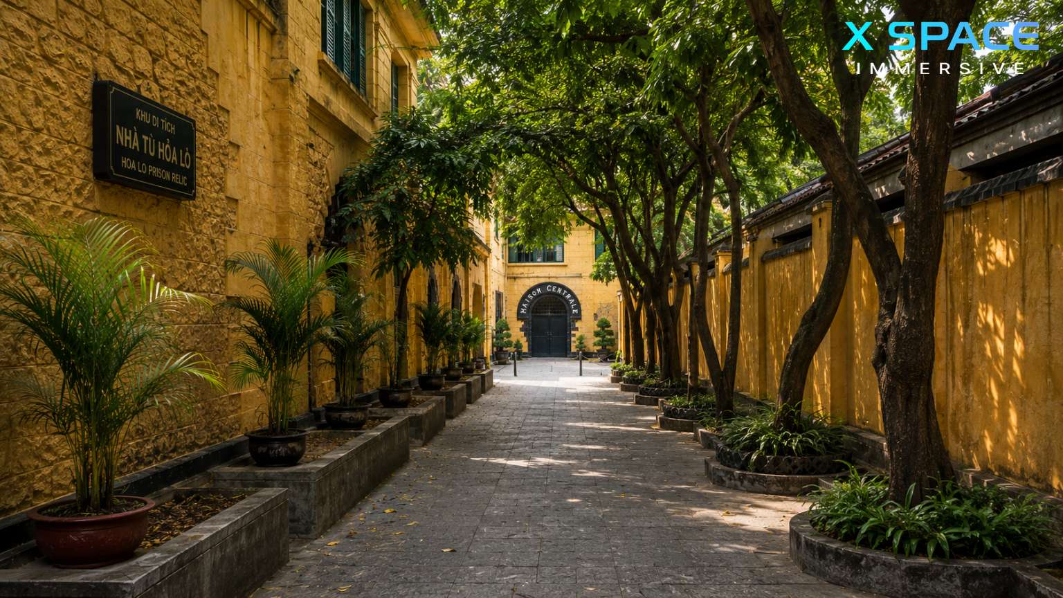 Peaceful courtyard at the Hoa Lo Prison historical relic in Hanoi