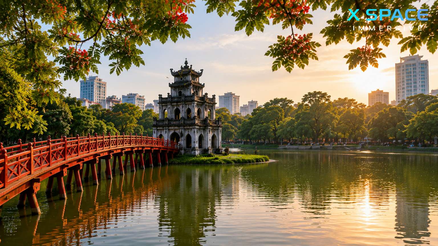 Family walking around Hoan Kiem Lake in Hanoi near The Huc Bridge and Turtle Tower