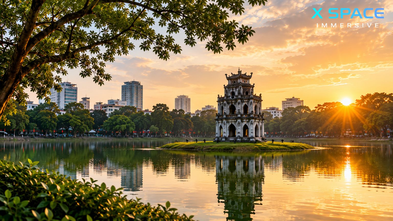 Hoan Kiem Lake in Hanoi Vietnam with Turtle Tower at sunrise