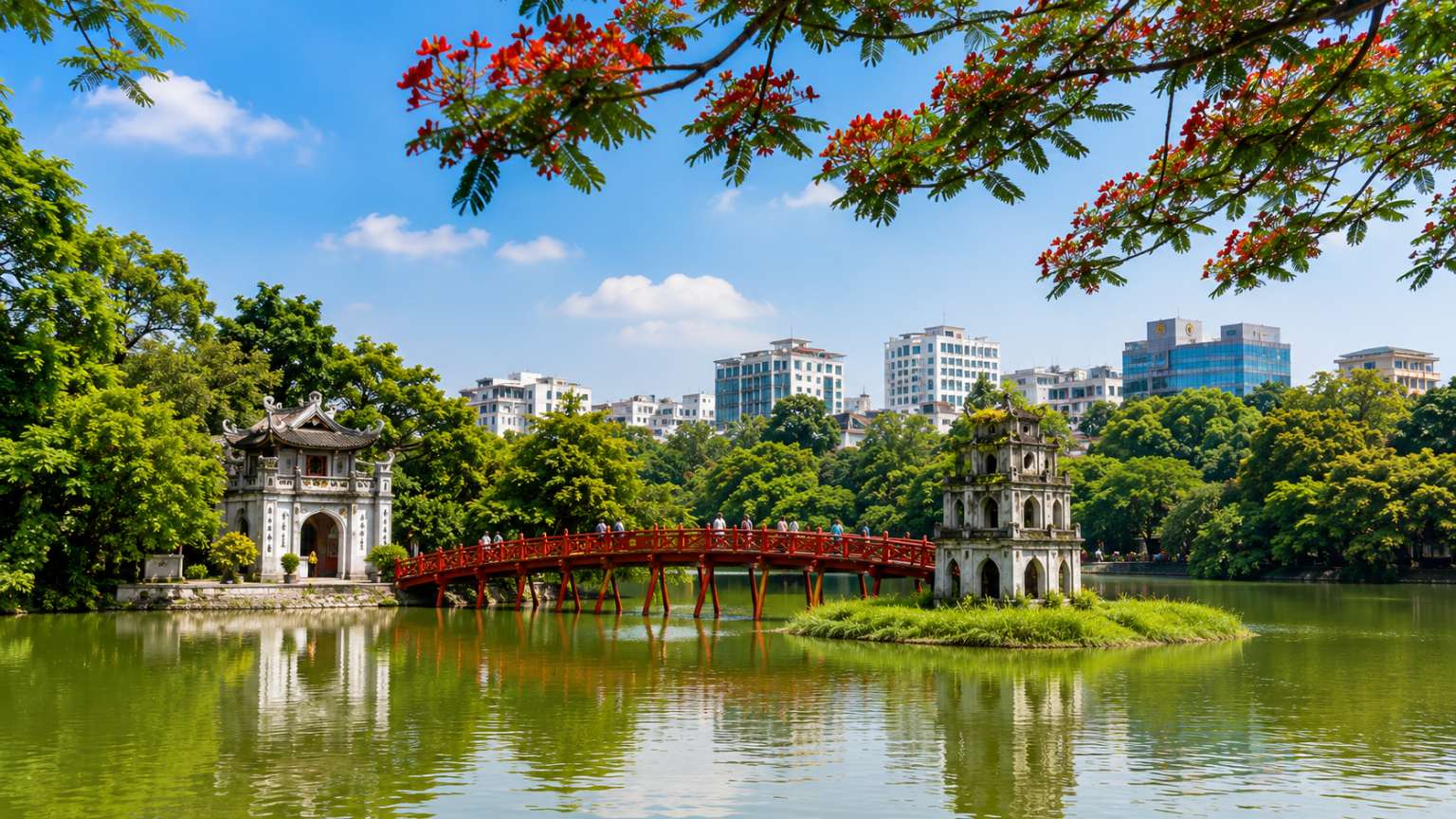 Hoan Kiem Lake with Turtle Tower and The Huc Bridge in Hanoi