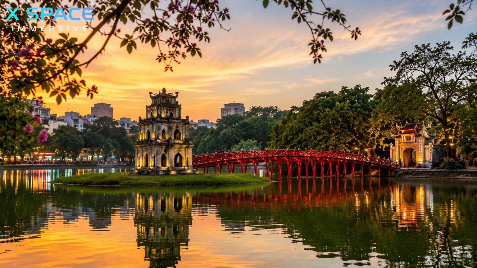 Hoan Kiem Lake and The Huc Bridge near Hanoi Old Quarter Market at sunset