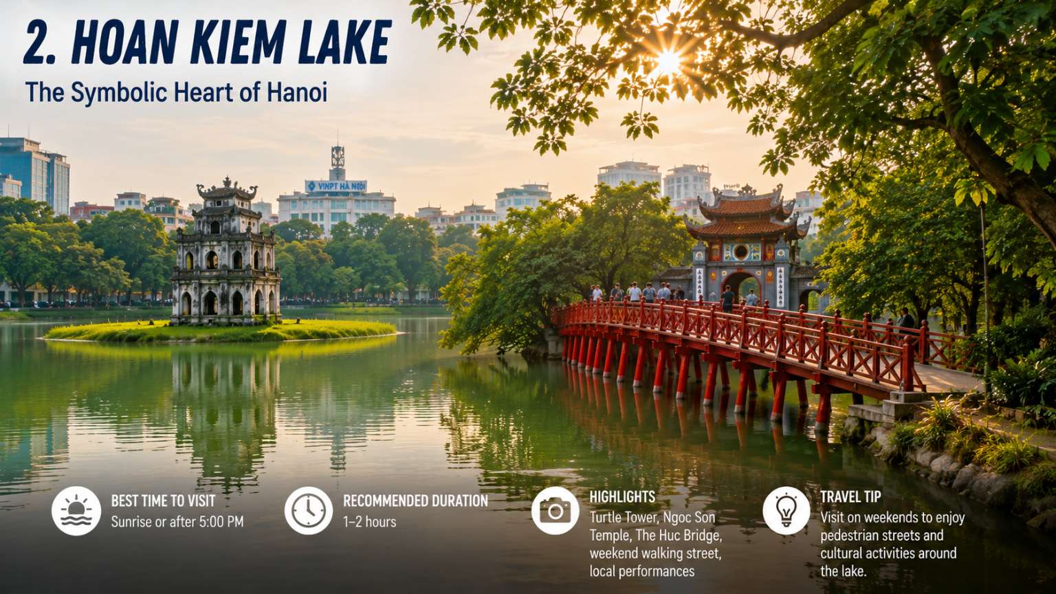 Hoan Kiem Lake with The Huc Bridge, Ngoc Son Temple and Turtle Tower in Hanoi Vietnam