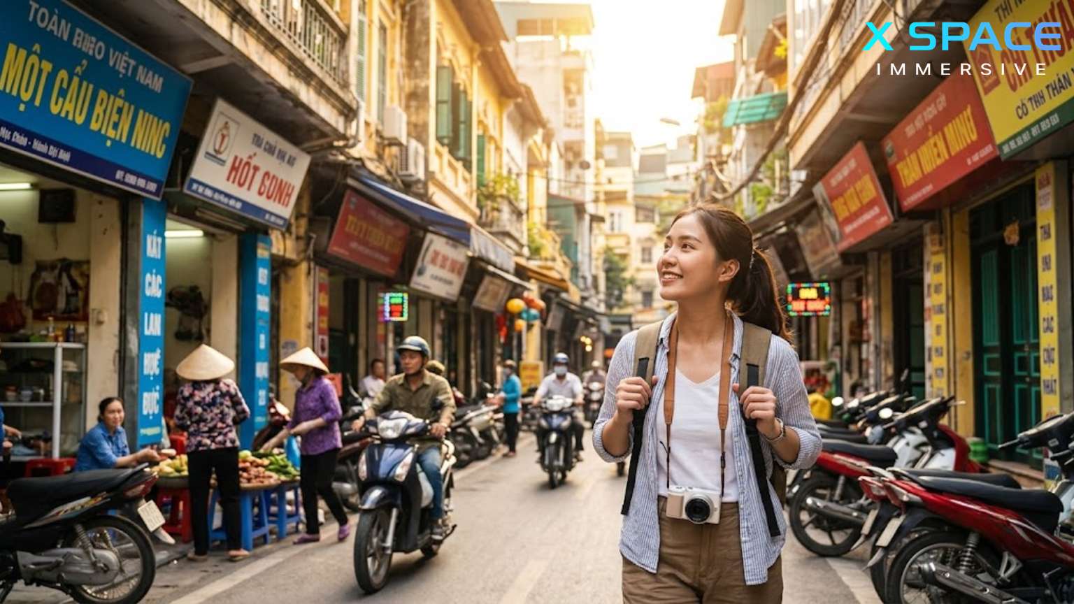 An international tourist with a backpack discovers the bustling streets and ancient architecture of Hanoi's Old Quarter