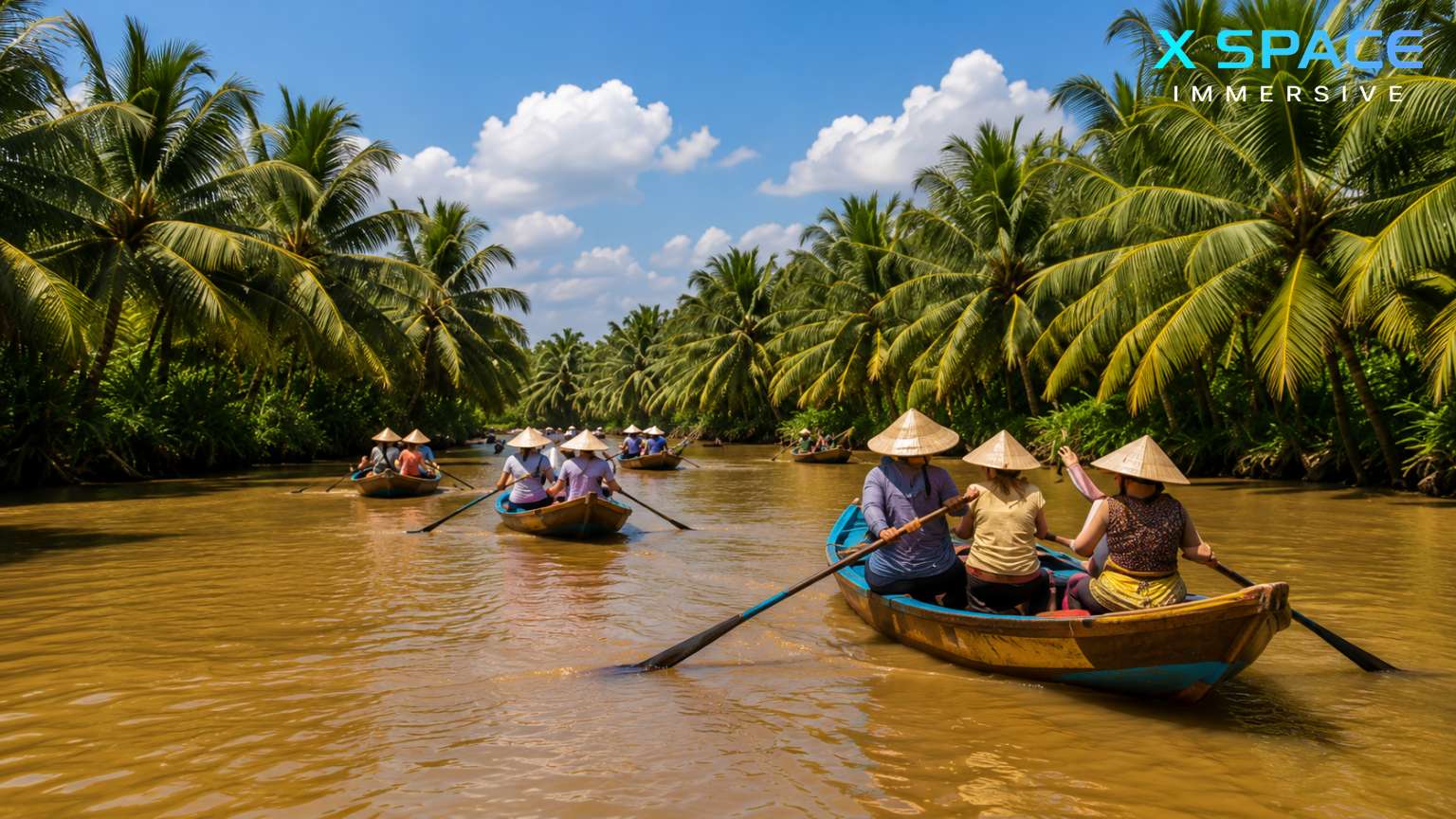 Traditional boat tour through the palm-lined canals of the Mekong Delta