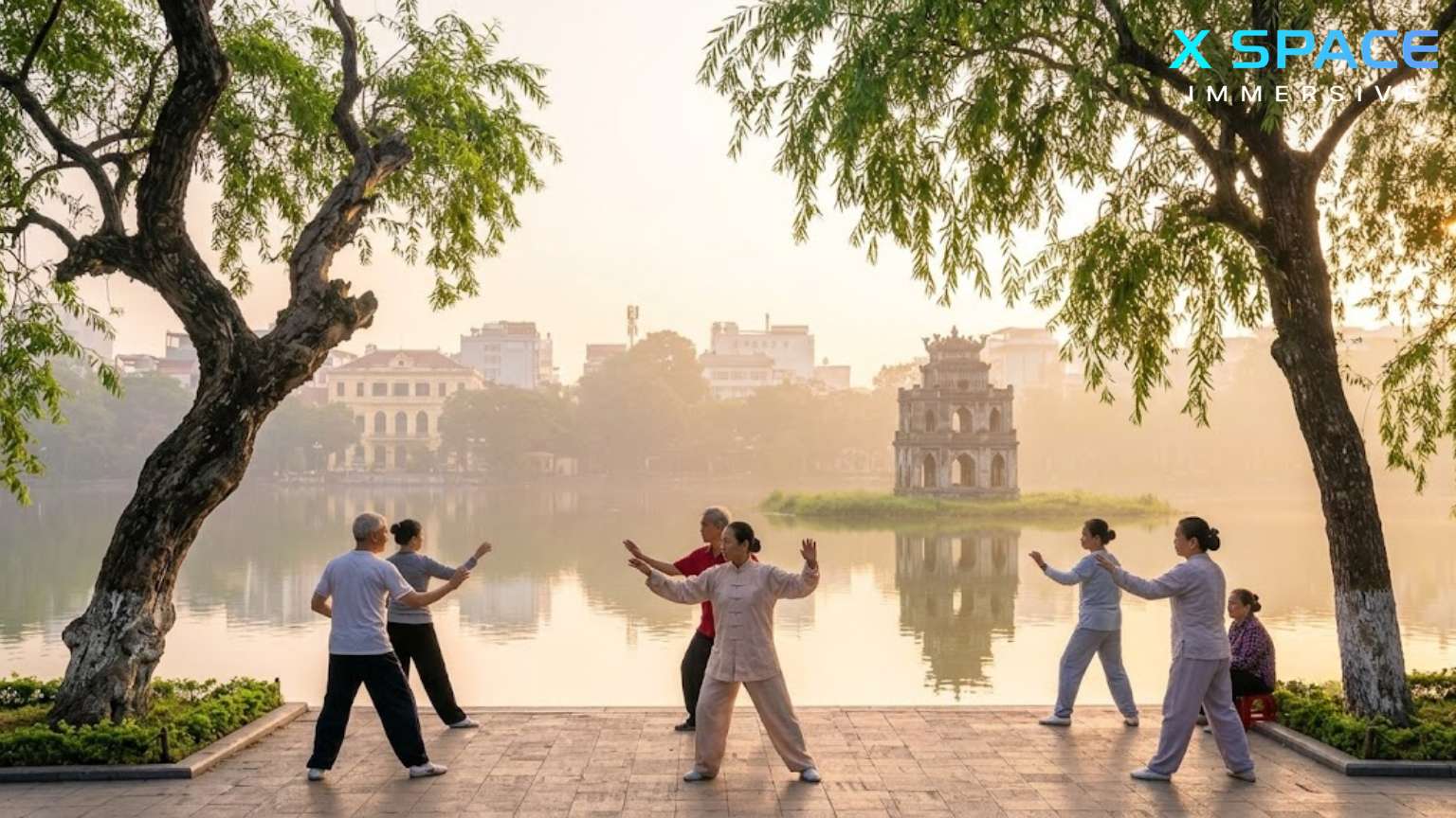 A cultural scene of Hanoi locals practicing graceful Tai Chi movements during a serene sunrise by Hoan Kiem Lake