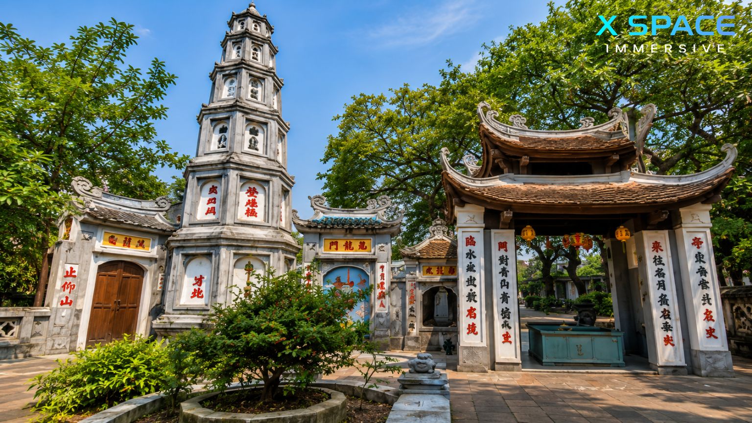 Traditional architecture of Ngoc Son Temple in Hanoi featuring Pen Tower and temple entrance