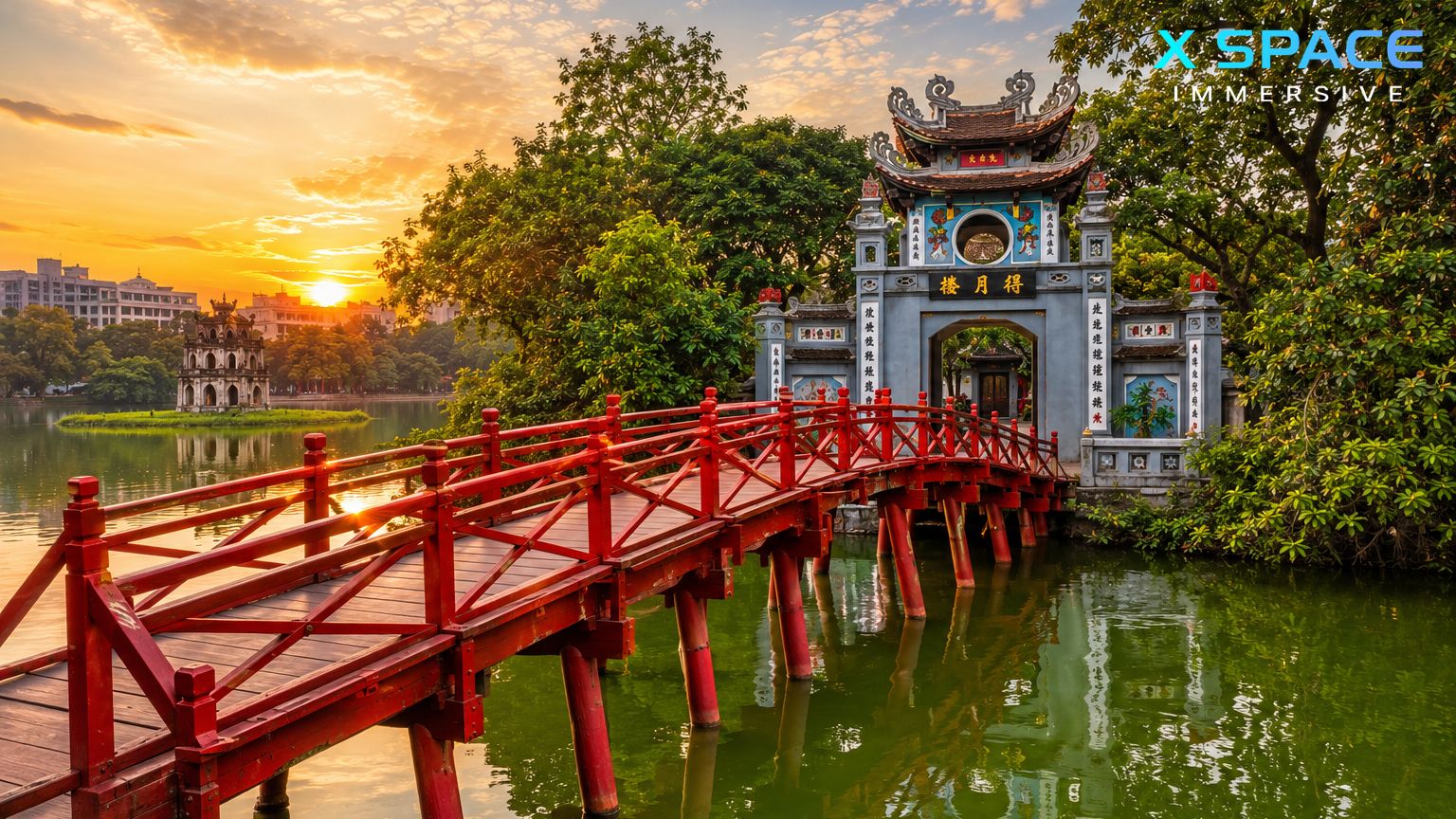 The Huc Bridge leading to Ngoc Son Temple on Hoan Kiem Lake in Hanoi, Vietnam