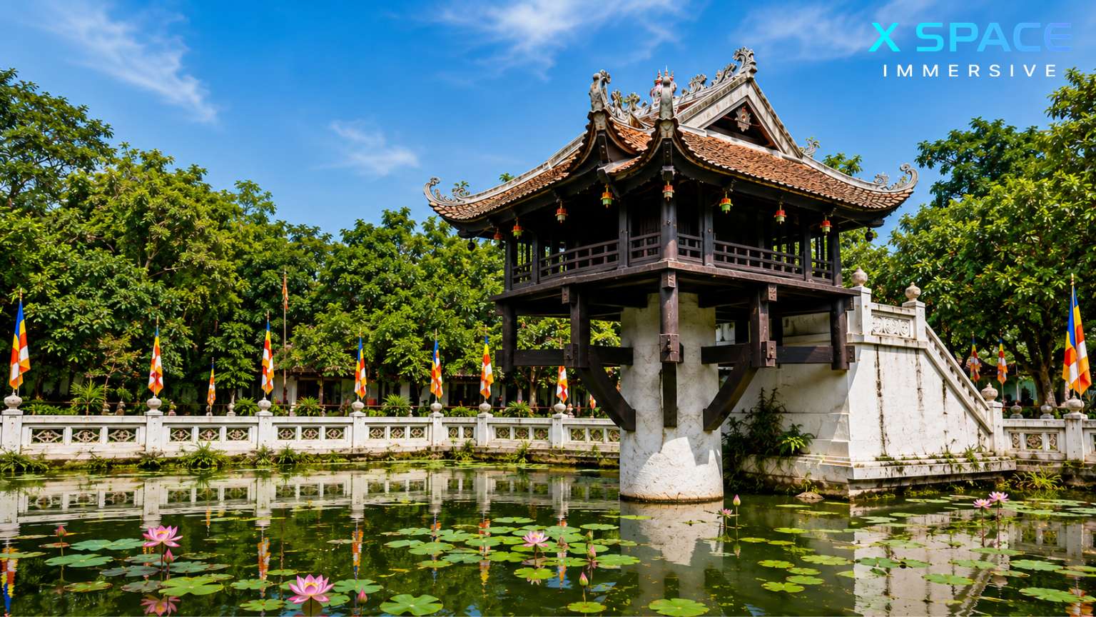 One Pillar Pagoda Hanoi Vietnam viewed from the lotus pond on a sunny day