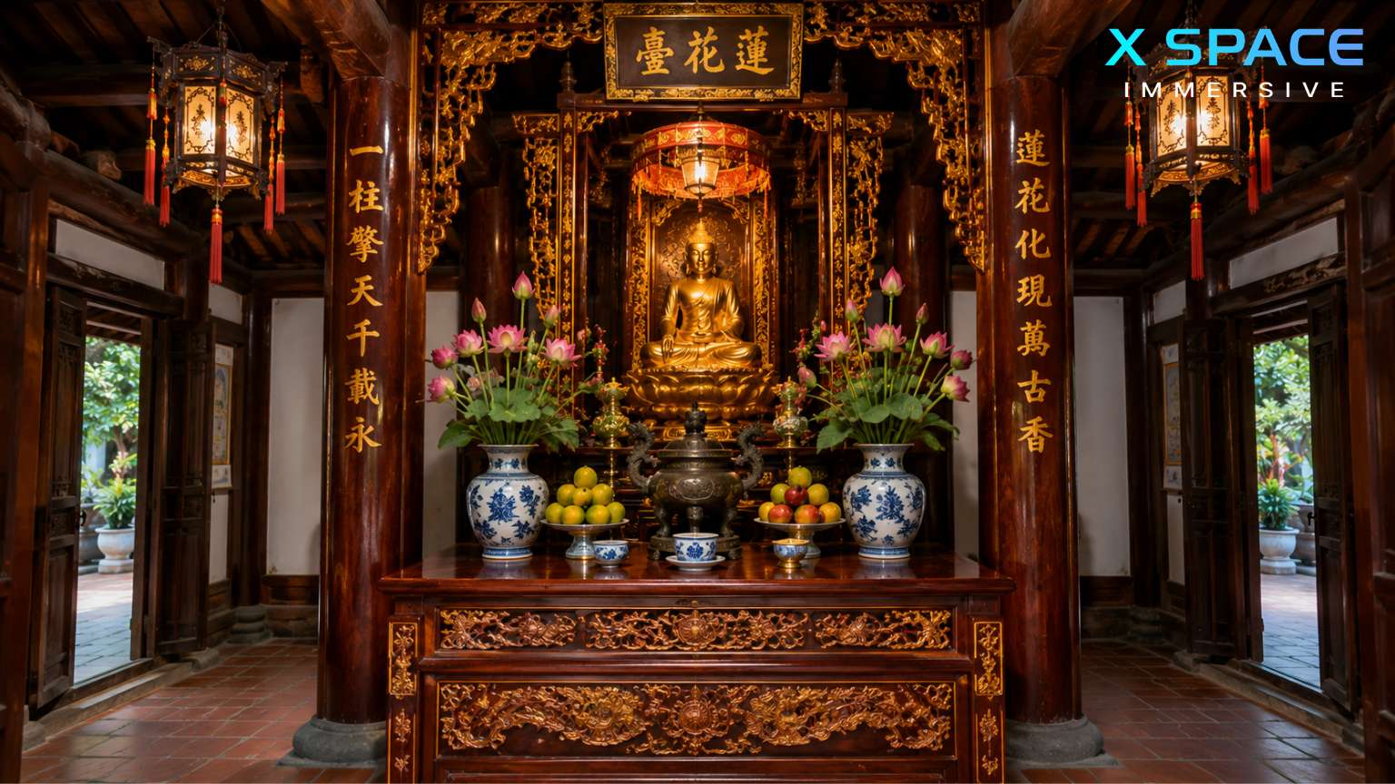 Interior of One Pillar Pagoda showcasing Buddhist altar and traditional Vietnamese architecture