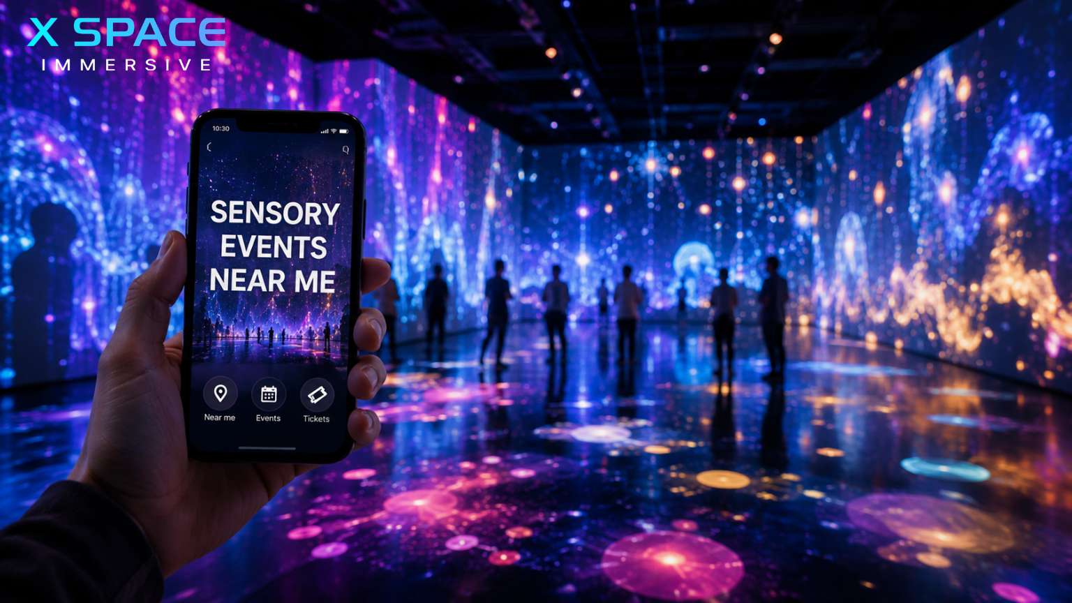 Sensory light show transforming an immersive exhibition with projection mapping and LED lighting