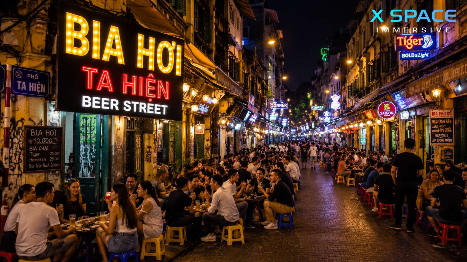 Ta Hien Beer Street nightlife in Hanoi at night