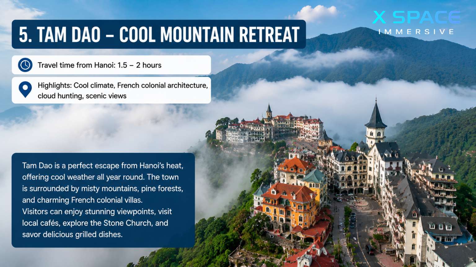Tam Dao mountain town near Hanoi with cool climate, cloud views and French colonial architecture