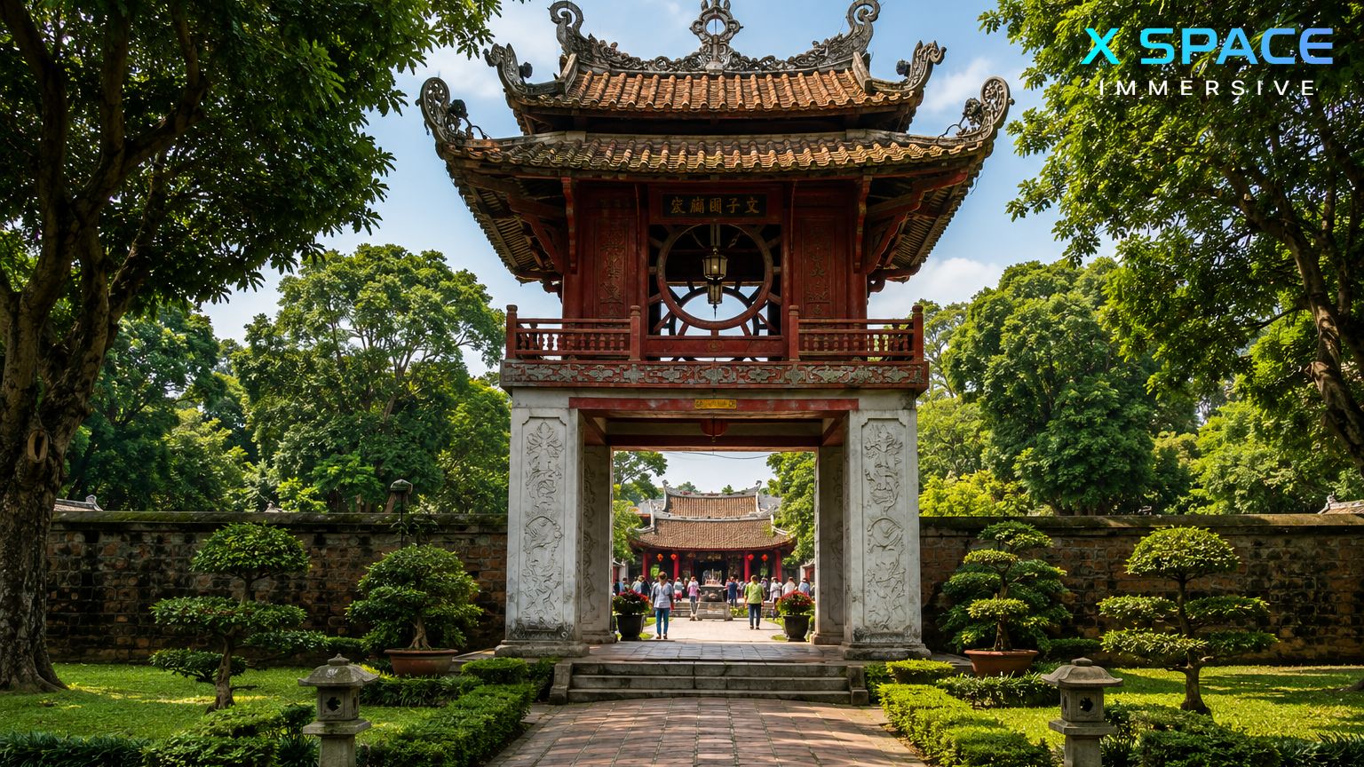 Temple of Literature in Hanoi Vietnam with traditional Vietnamese architecture and peaceful gardens
