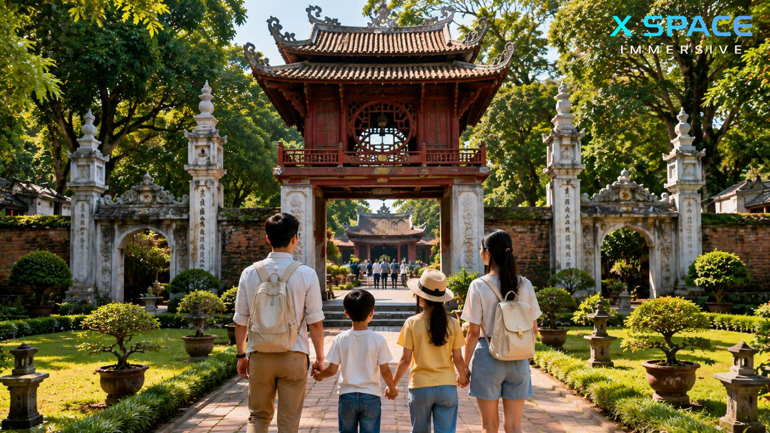 Family visiting the Temple of Literature, one of Hanoi's most famous historical attractions