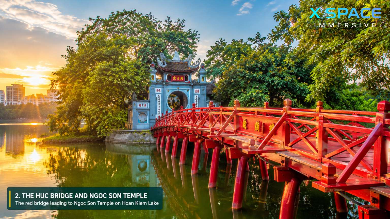 The Huc Bridge leading to Ngoc Son Temple on Hoan Kiem Lake during golden hour in Hanoi