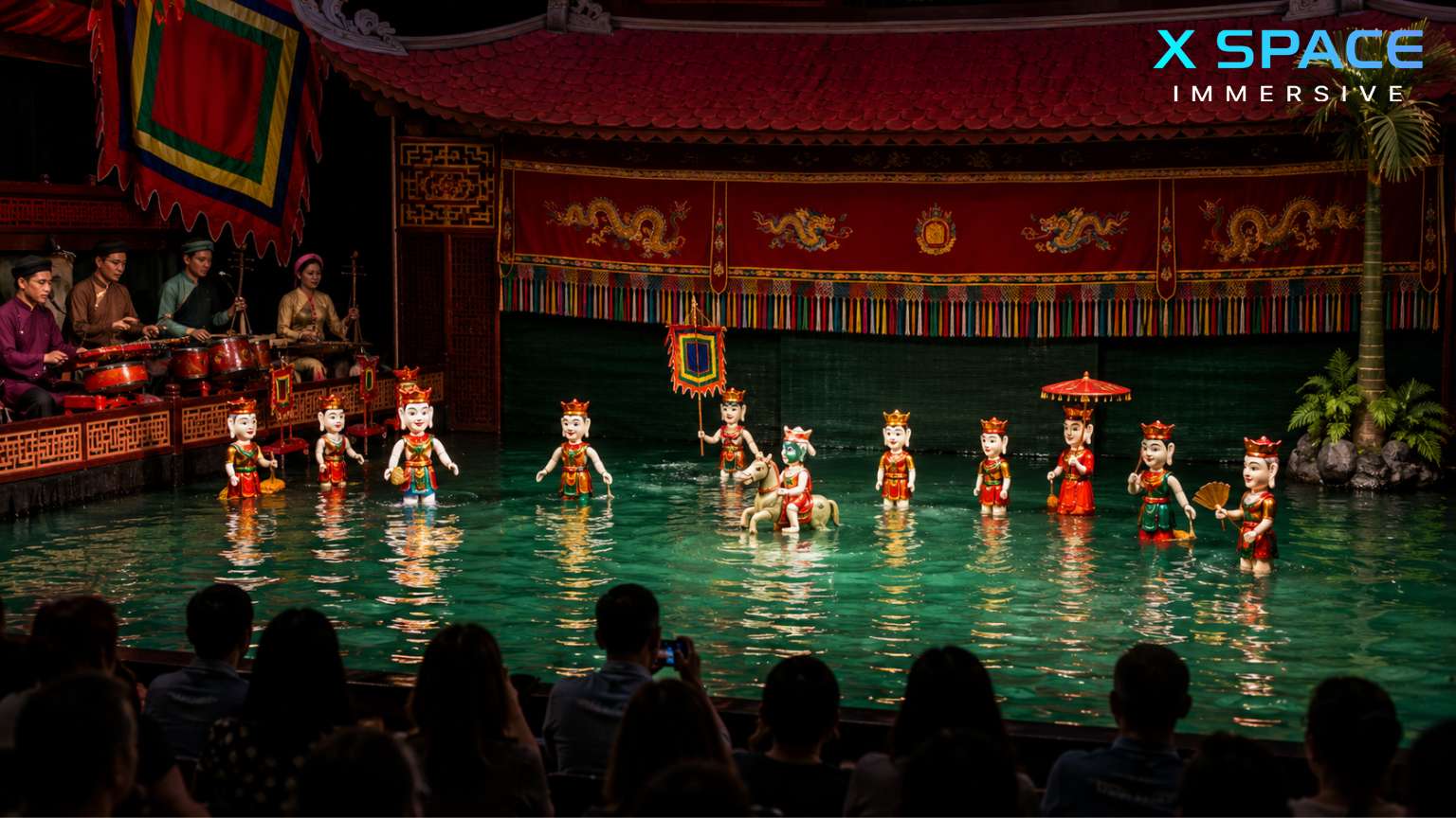 Traditional water puppet show in Hanoi at night