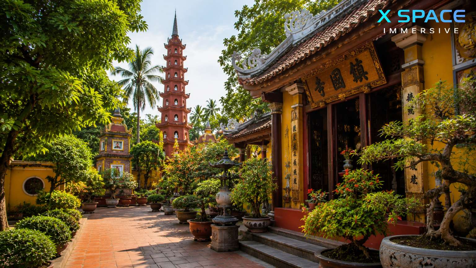 Peaceful courtyard at Tran Quoc Pagoda featuring Buddhist architecture and gardens