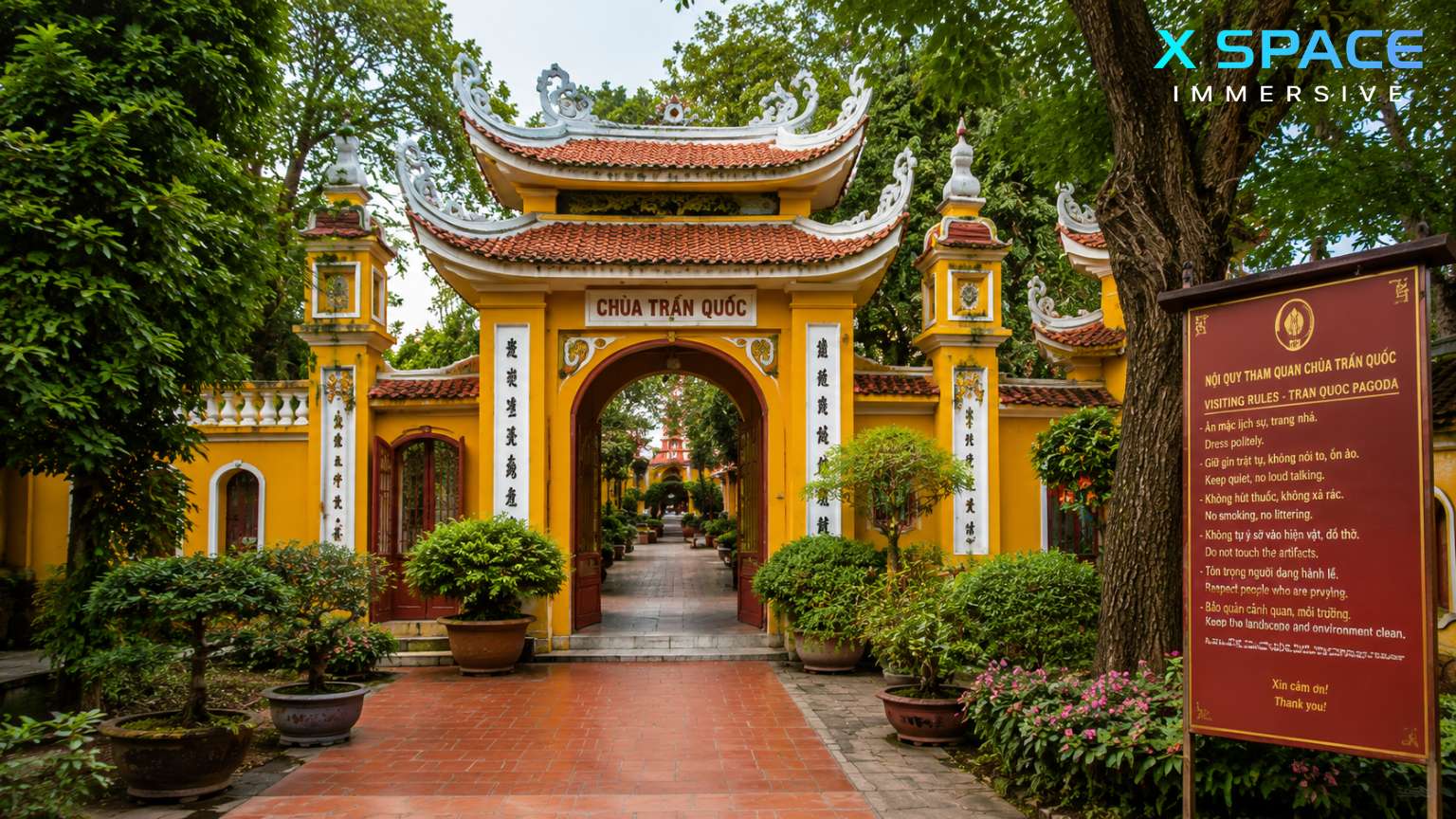 Main entrance gate of Tran Quoc Pagoda in Hanoi with traditional Vietnamese architecture