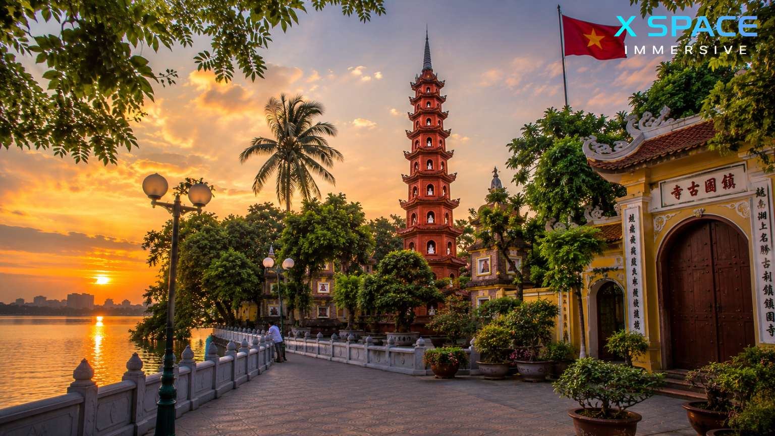 Sunset view of Tran Quoc Pagoda overlooking West Lake in Hanoi, Vietnam