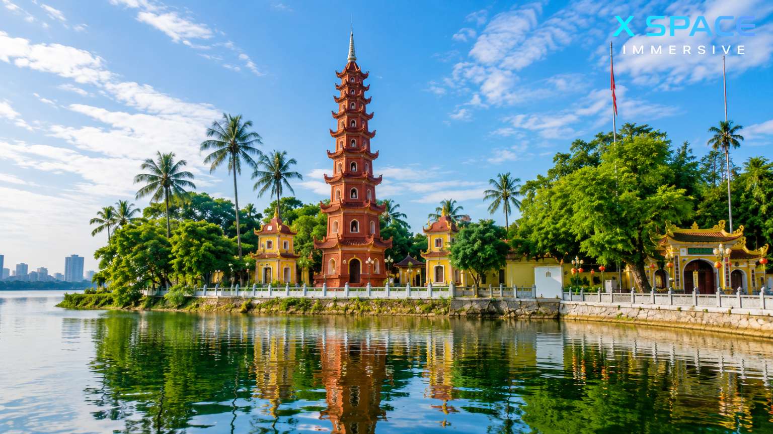 Tran Quoc Pagoda on West Lake Hanoi Vietnam under a blue sky