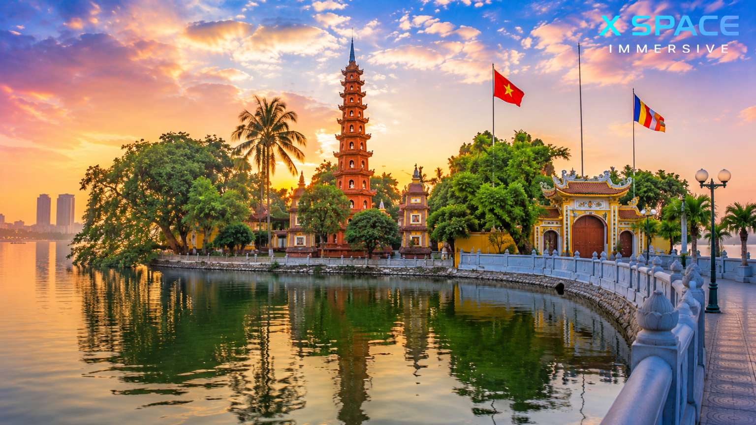 Panoramic view of Tran Quoc Pagoda on West Lake in Hanoi, Vietnam