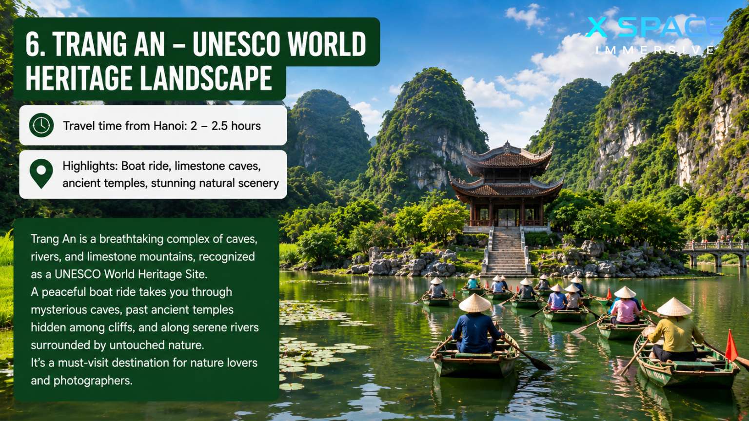 Trang An UNESCO World Heritage Site with traditional boat ride, limestone caves and emerald rivers