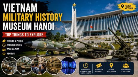 Vietnam Military History Museum Hanoi featuring aircraft, tanks and the museum entrance