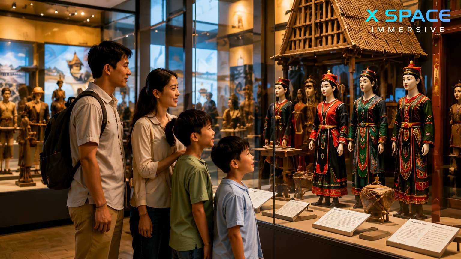 Family exploring traditional exhibits at the Vietnam Museum of Ethnology in Hanoi