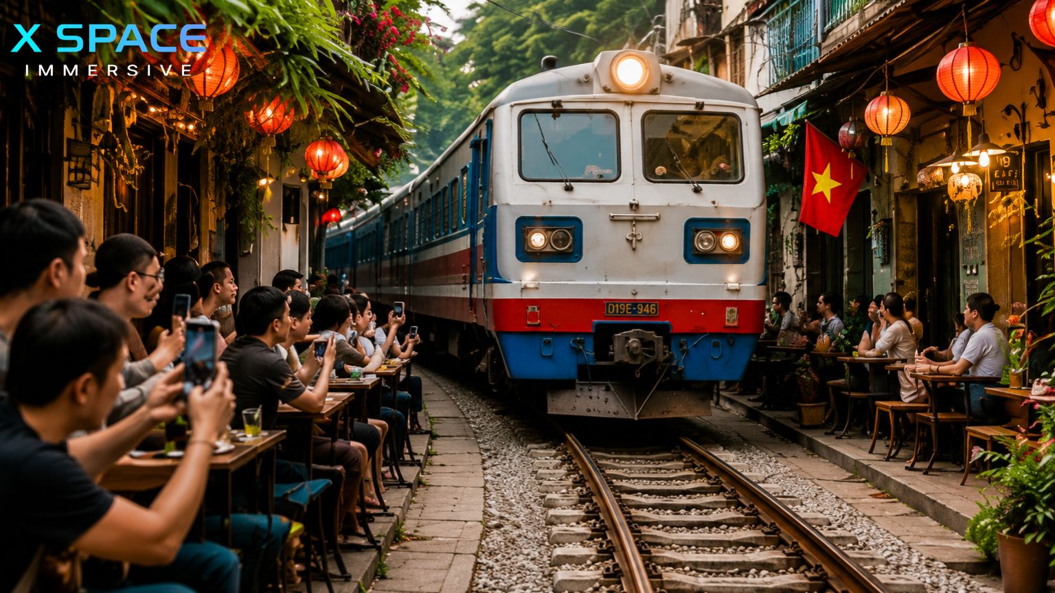 Train passing through Hanoi Train Street with cafes and visitors