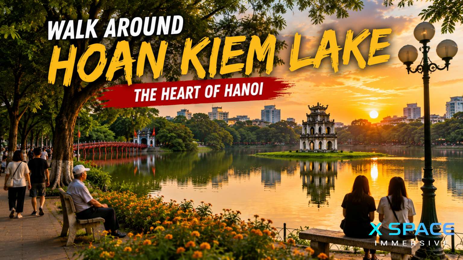 Hoan Kiem Lake in Hanoi featuring Ngoc Son Temple and The Huc Bridge at sunset