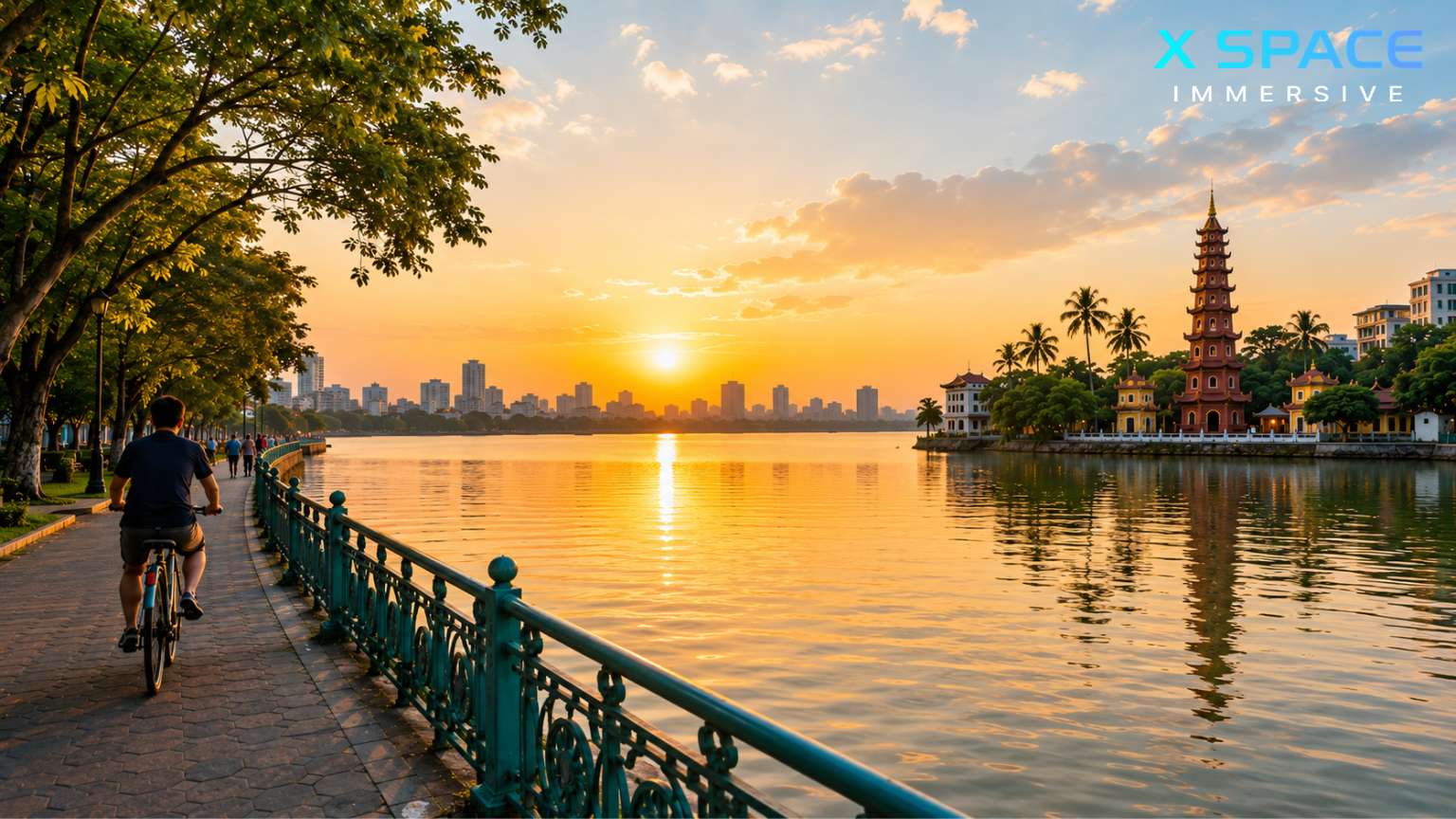 Sunrise view of West Lake Hanoi Vietnam with lakeside walking path