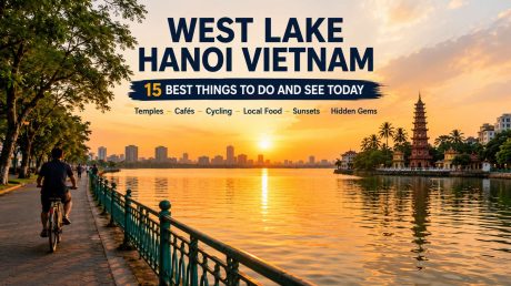 West Lake Hanoi Vietnam with Tran Quoc Pagoda, cycling path and sunset skyline