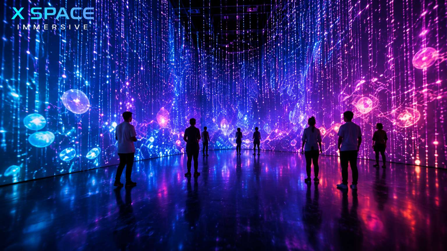 Visitors exploring a sensory exhibition with immersive digital art and interactive installations