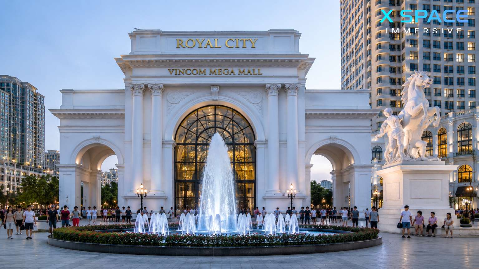 Main entrance of Royal City Hanoi Vietnam, showcasing the European-inspired architecture of Vincom Mega Mall Royal City.