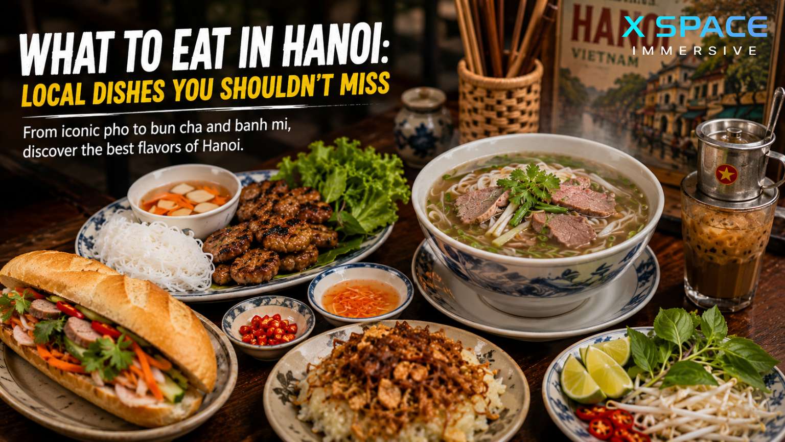 Popular Hanoi local dishes including pho, bun cha, banh mi, sticky rice, and Vietnamese egg coffee
