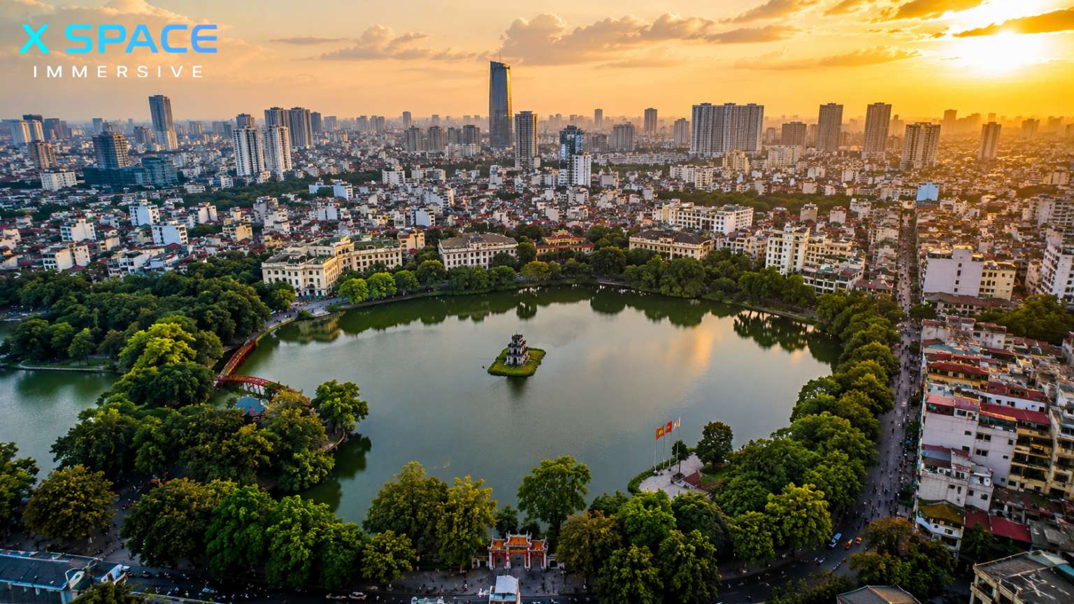 Panoramic view of Hanoi city showing Hoan Kiem Lake and the Old Quarter