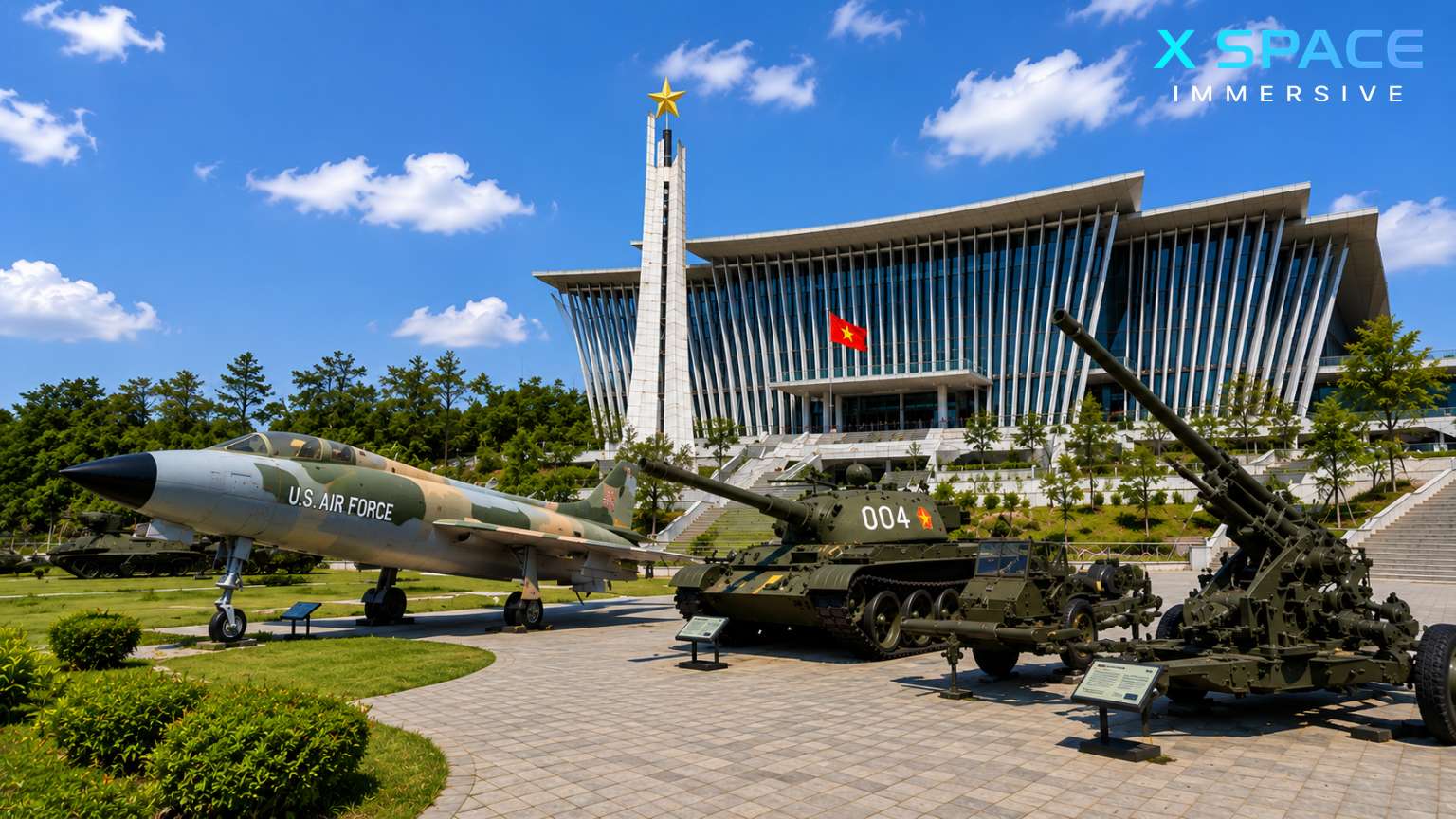 Outdoor exhibits at Vietnam Military History Museum Hanoi with fighter aircraft, tanks and artillery