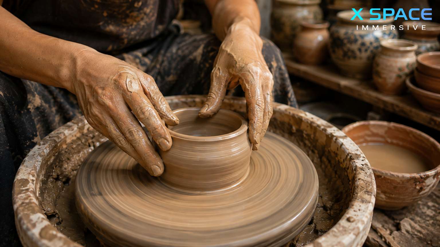 Artisan shaping clay during a pottery-making experience in Bat Trang