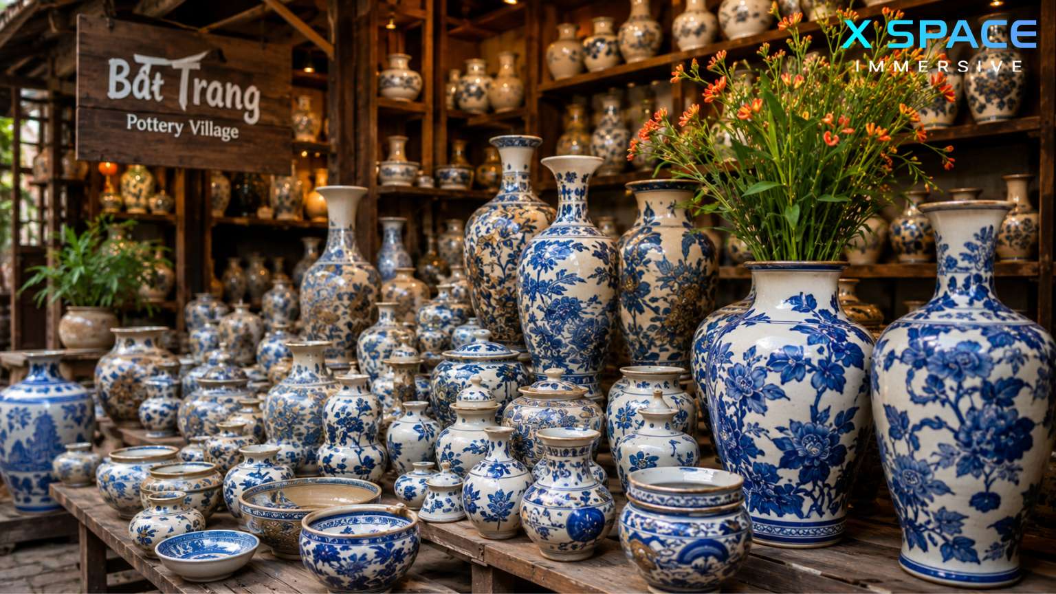 Traditional ceramics on display at Bat Trang Pottery Village