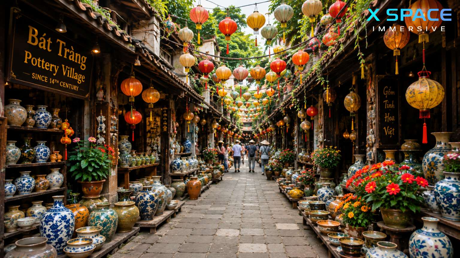 Colorful pottery street and ceramic shops at Bat Trang Pottery Village