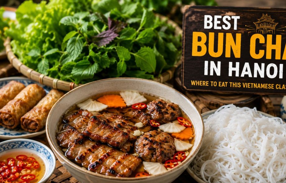 Best bun cha in Hanoi with grilled pork, rice noodles, fresh herbs and dipping sauce