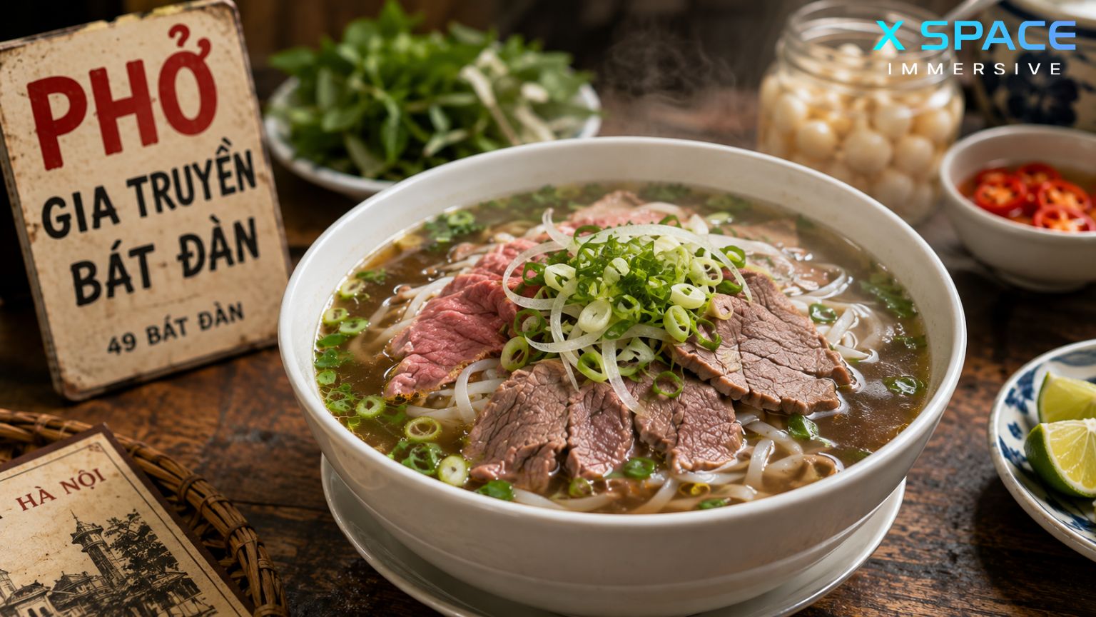 Authentic beef pho in Hanoi Old Quarter with fresh herbs, rice noodles and traditional broth