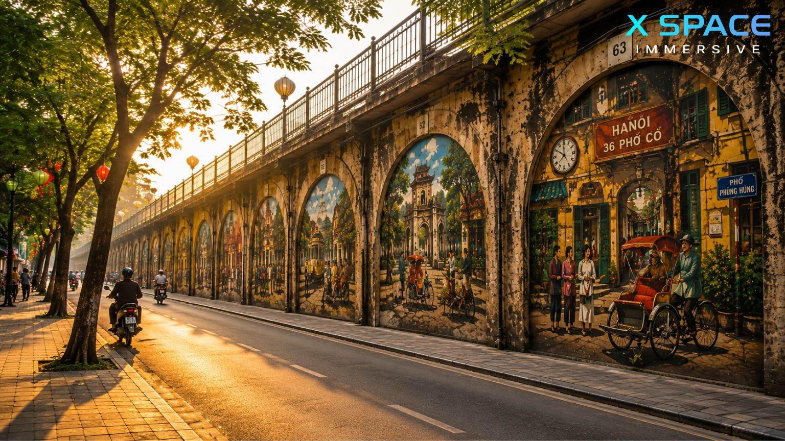 Phung Hung Mural Street in Hanoi during golden hour with historic murals and railway arches