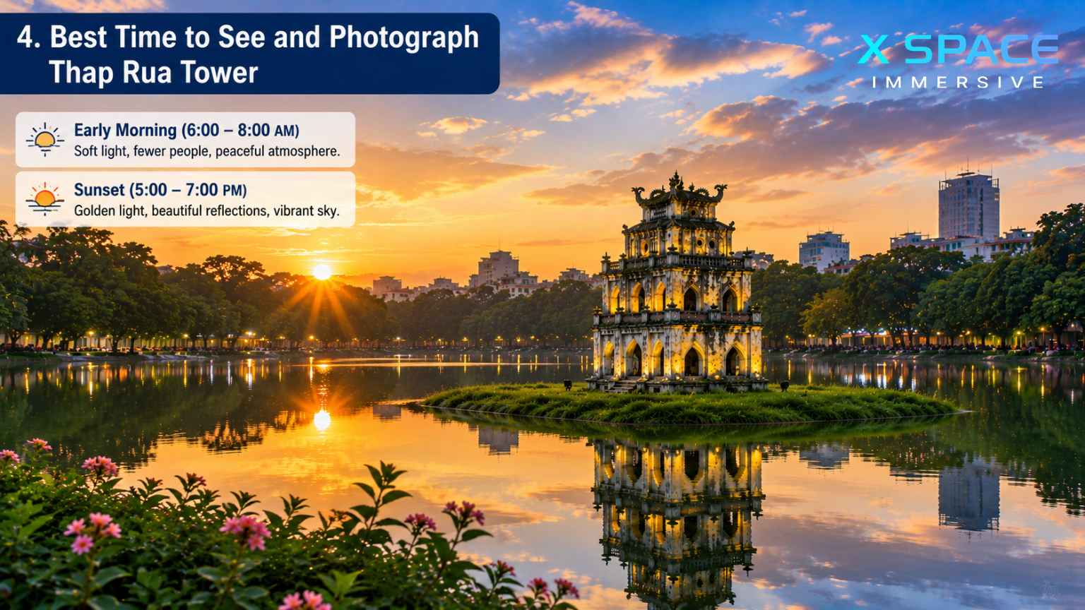 Thap Rua Tower at sunset with reflections on Hoan Kiem Lake, ideal time for photography