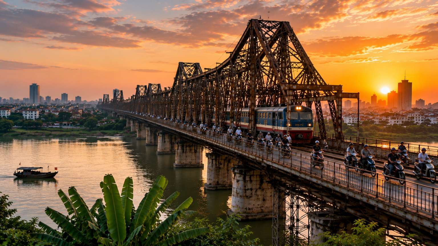 Sunset view of Long Bien Bridge over the Red River with Hanoi skyline
