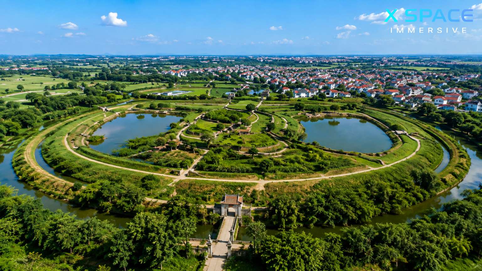 Aerial view of Co Loa Citadel in Hanoi with ancient earth walls and moats