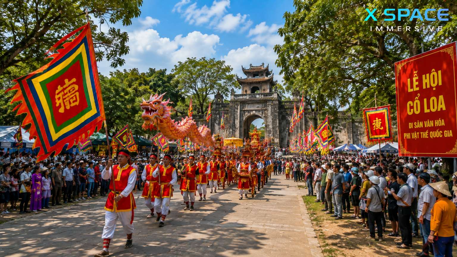 Co Loa Citadel Festival procession with traditional costumes, flags and cultural rituals