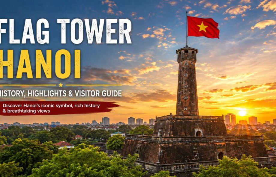 Flag Tower Hanoi at sunset with the Vietnamese national flag overlooking the city skyline