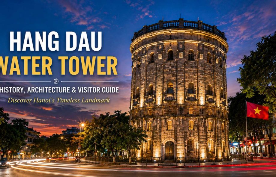 Hang Dau Water Tower in Hanoi at sunset featuring French colonial architecture